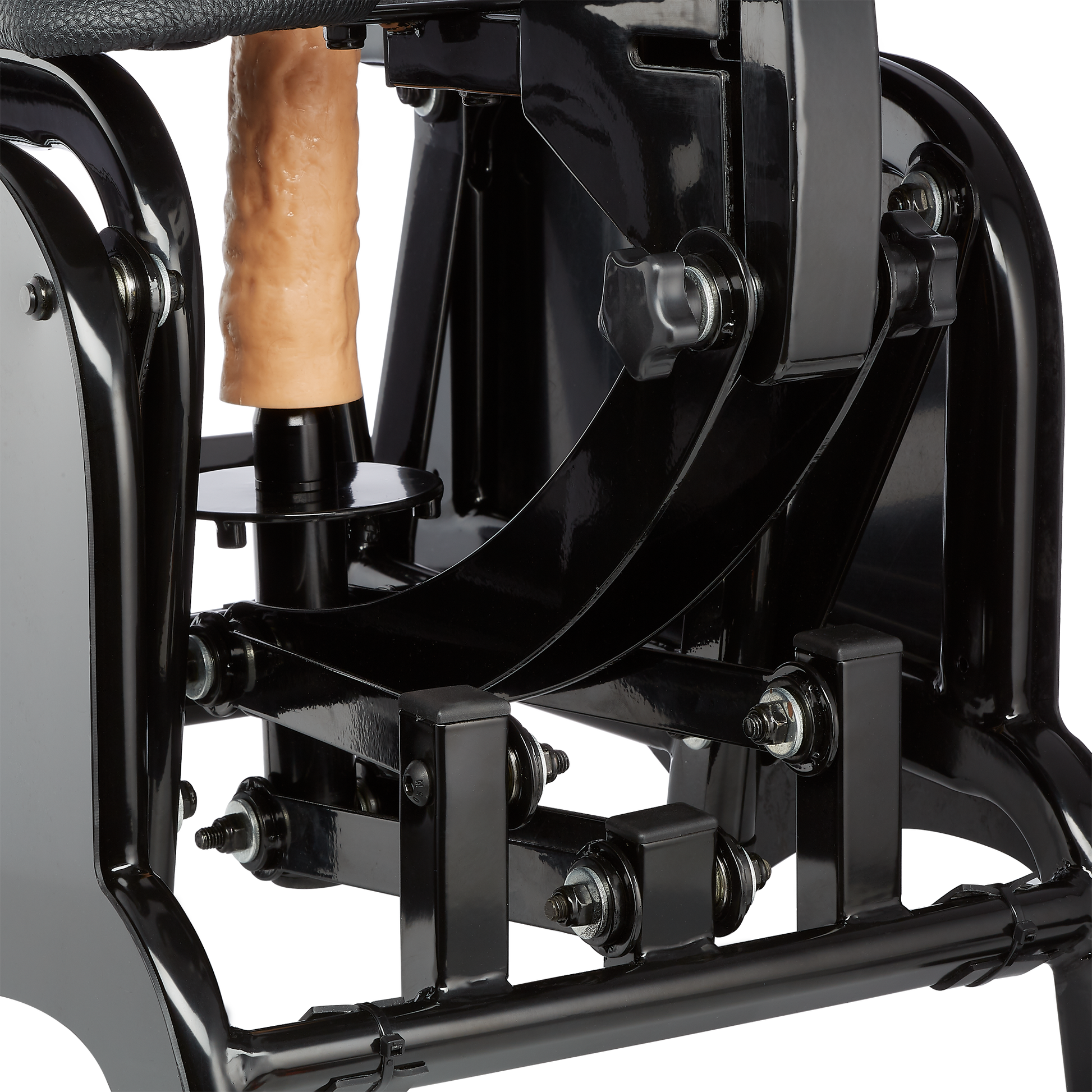 Close-up image of the internal portion of the Cloud 9 F-Slider Pro fucking machine shows the metal build-construction as well as the manual mechanisms that make up this adjustable sex machine | Kinkly Shop
