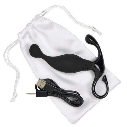 The Cloud 9 Flexible Neck Prostate Stimulator sitting on top of its drawstring storage bag and sitting next to its USB charging cable. | Kinkly Shop