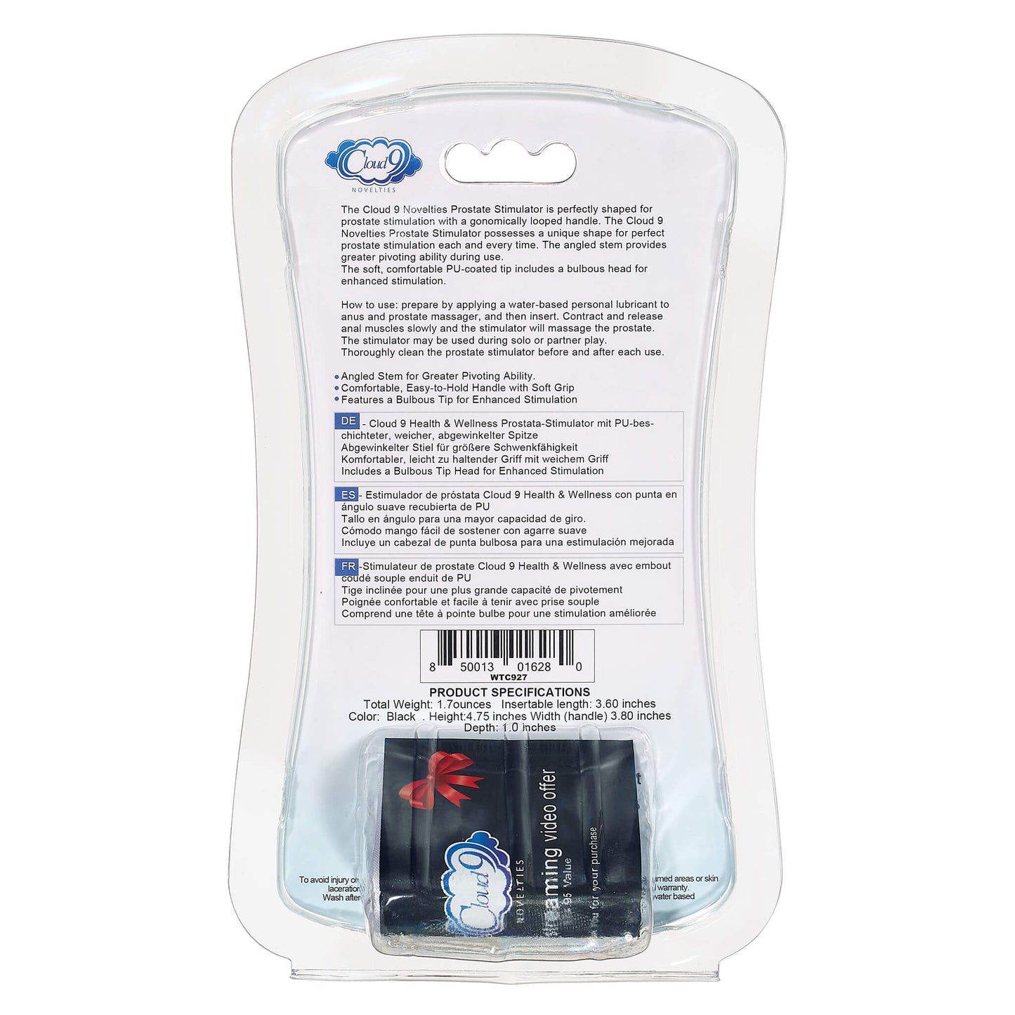 Backside of the packaging for the Cloud 9 Flexible Neck Prostate Stimulator | Kinkly Shop