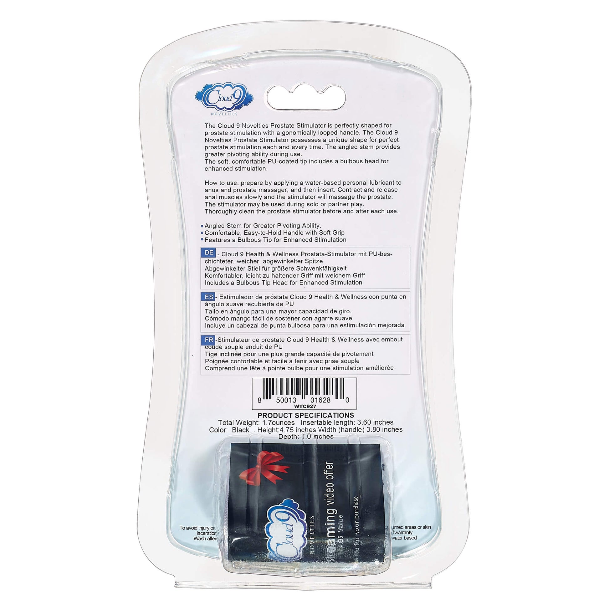 Backside of the packaging for the Cloud 9 Flexible Neck Prostate Stimulator | Kinkly Shop