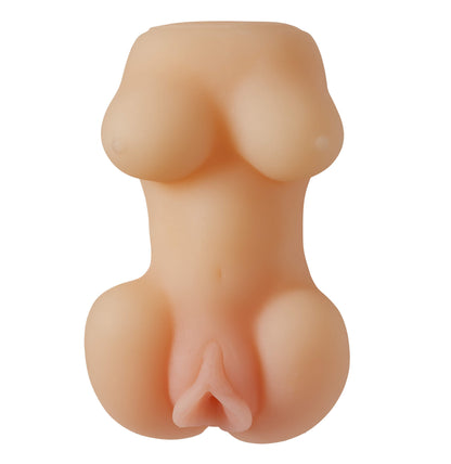 The exact-same top-down view as the previous picture except with the fishnet tube top removed from the Cloud 9 Handheld Torso Stroker. This allows you to see the bare breast design built into this penis stroker. The nipples are uncolored. | Kinkly Shop