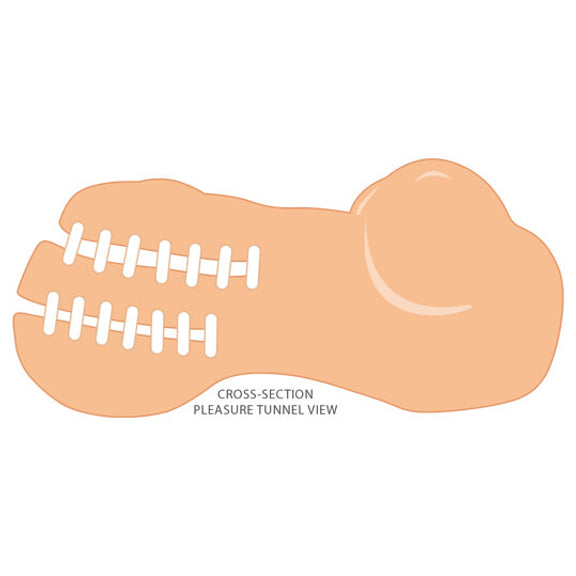 Illustrated, cross-section view of the Cloud 9 Handheld Torso Stroker shows the two separate channels available in the stroker. It shows the channels are two separate tunnels, close-ended, and vary in tightness. | Kinkly Shop