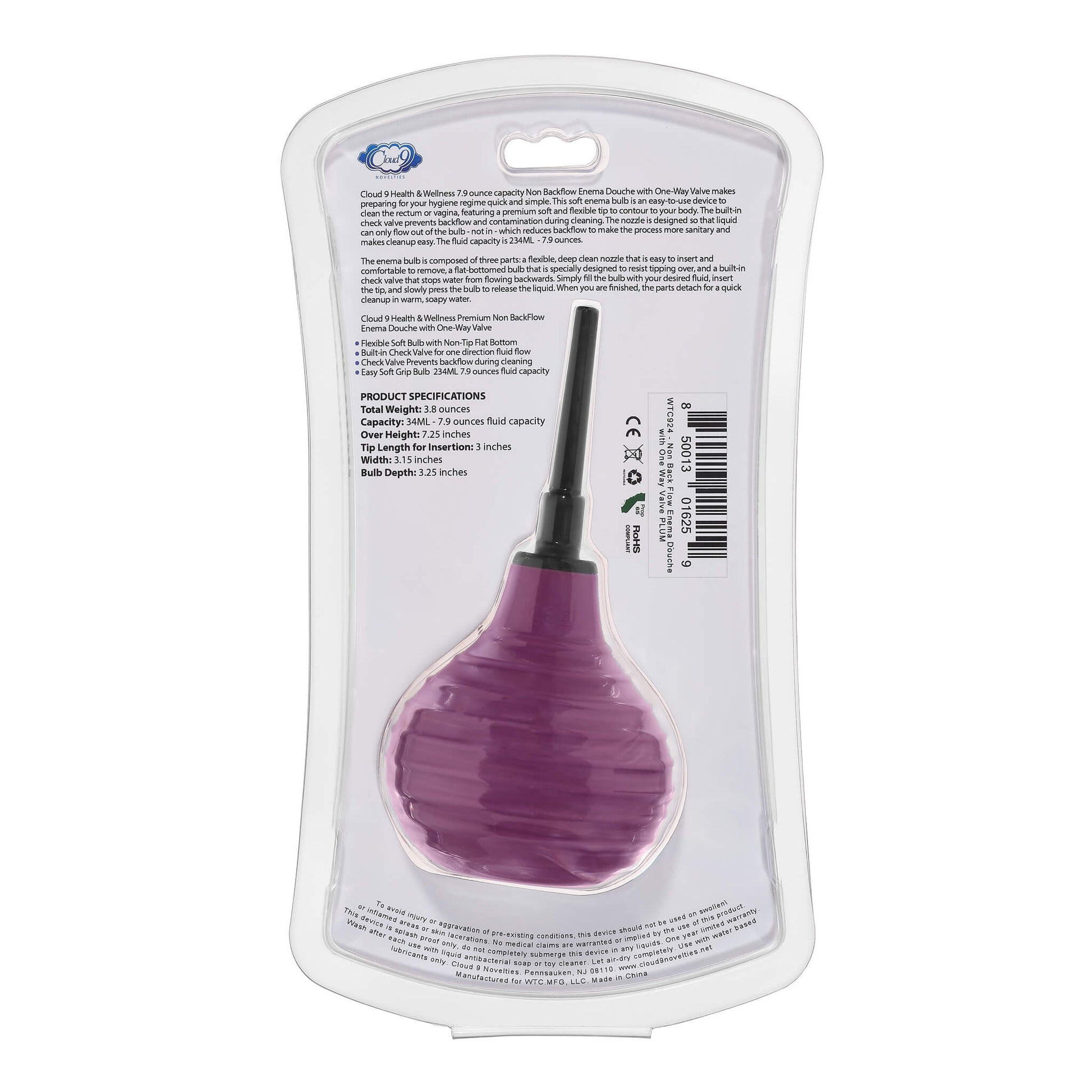 Backside of the packaging of the Cloud 9 Non-Backflow Enema Bulb | Kinkly Shop