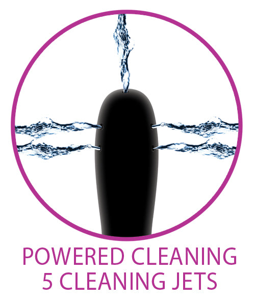Image shows water squirting five different directions out of the tip of the Cloud 9 Rechargeable Enema | Kinkly Shop