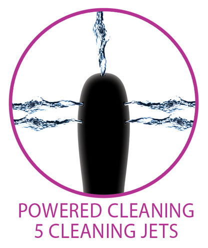 Image shows water squirting five different directions out of the tip of the Cloud 9 Rechargeable Enema | Kinkly Shop