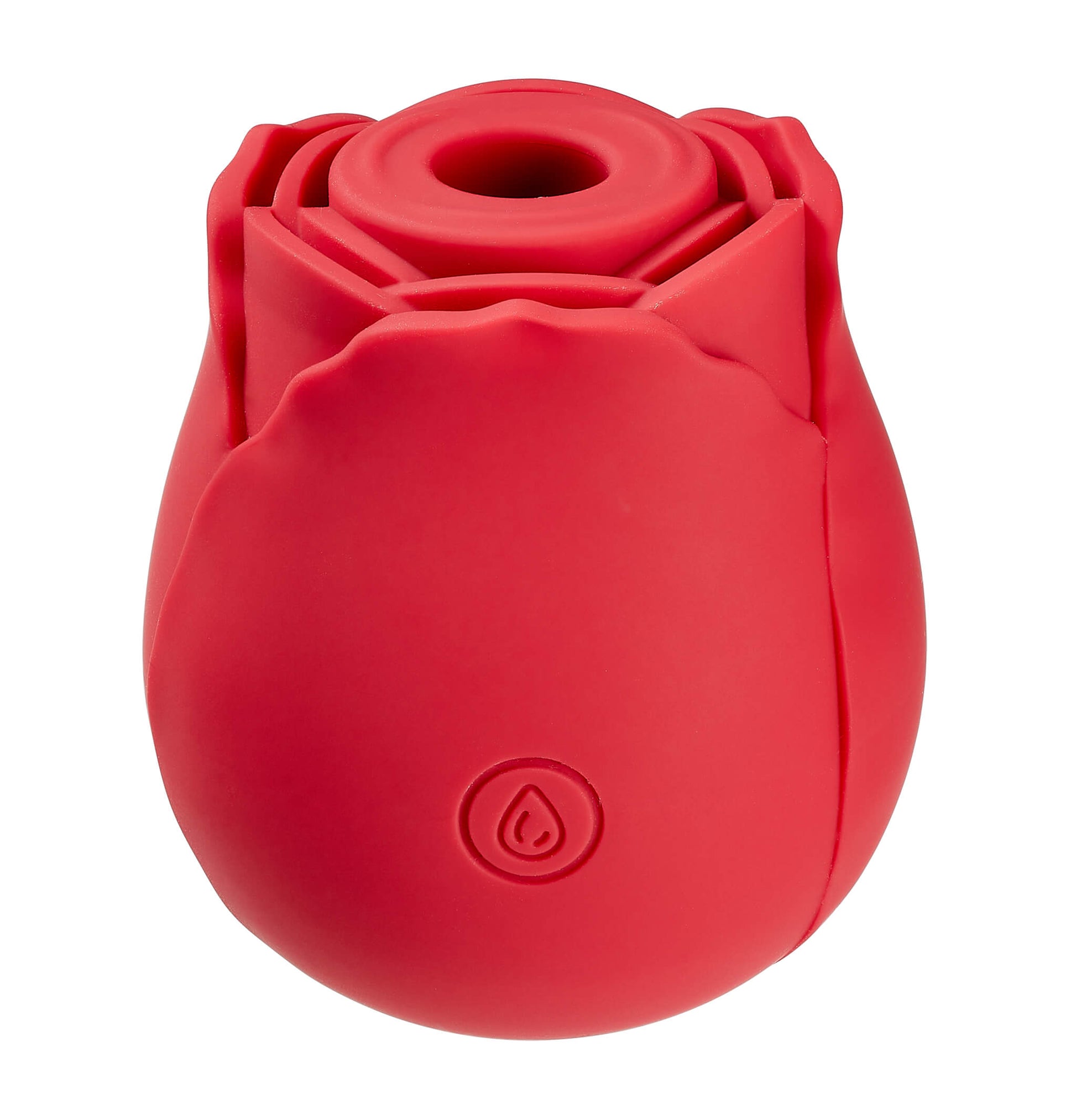Cloud 9 Rose Suction Stimulator sitting against a white background. The air suction hole is fully visible on the top of the vibe. | Kinkly Shop