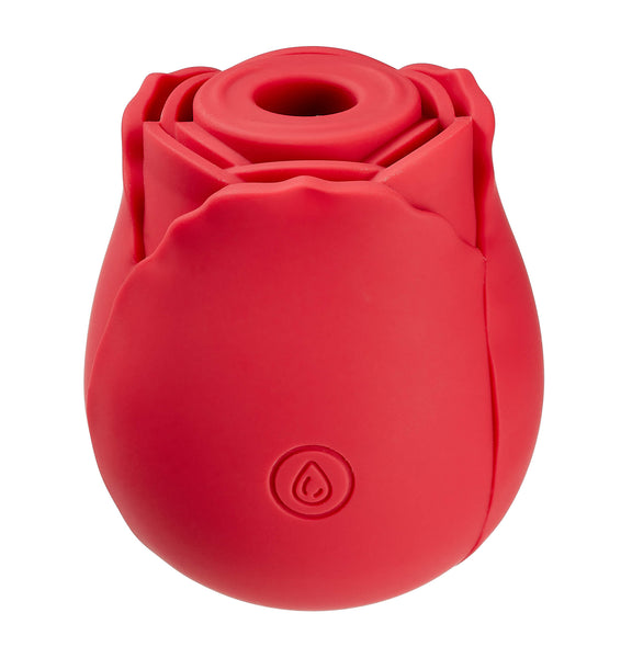 Cloud 9 Rose Suction Stimulator sitting against a white background. The air suction hole is fully visible on the top of the vibe. | Kinkly Shop