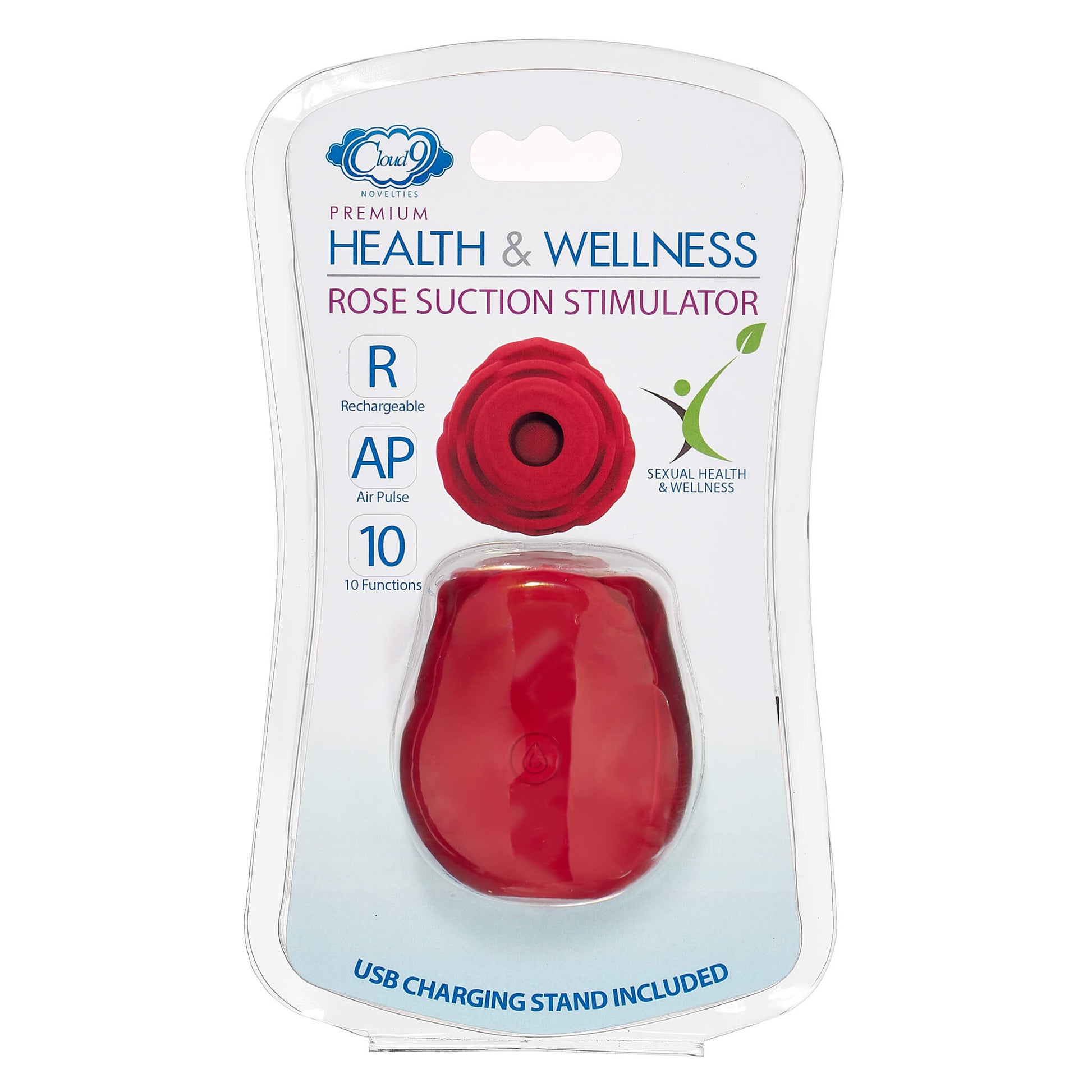 Packaging for the Rose Vibrator. It's blister-pack packaging that clearly displays the Cloud 9 Rose Suction Stimulator through the see-through plastic. | Kinkly Shop