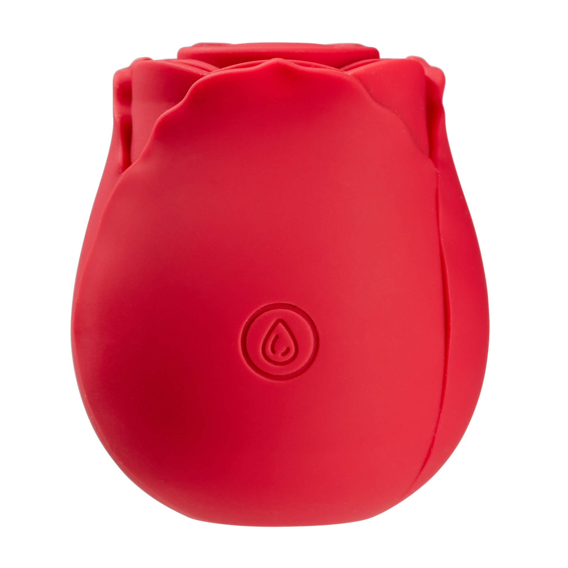 Straight-on view of the Cloud 9 Rose Suction Stimulator. This angle showcases the single button. This button is easy to find, using just the fingers, since the button's designed is etched into the silicone itself. All of the silicone around the button is fully smooth. | Kinkly Shop