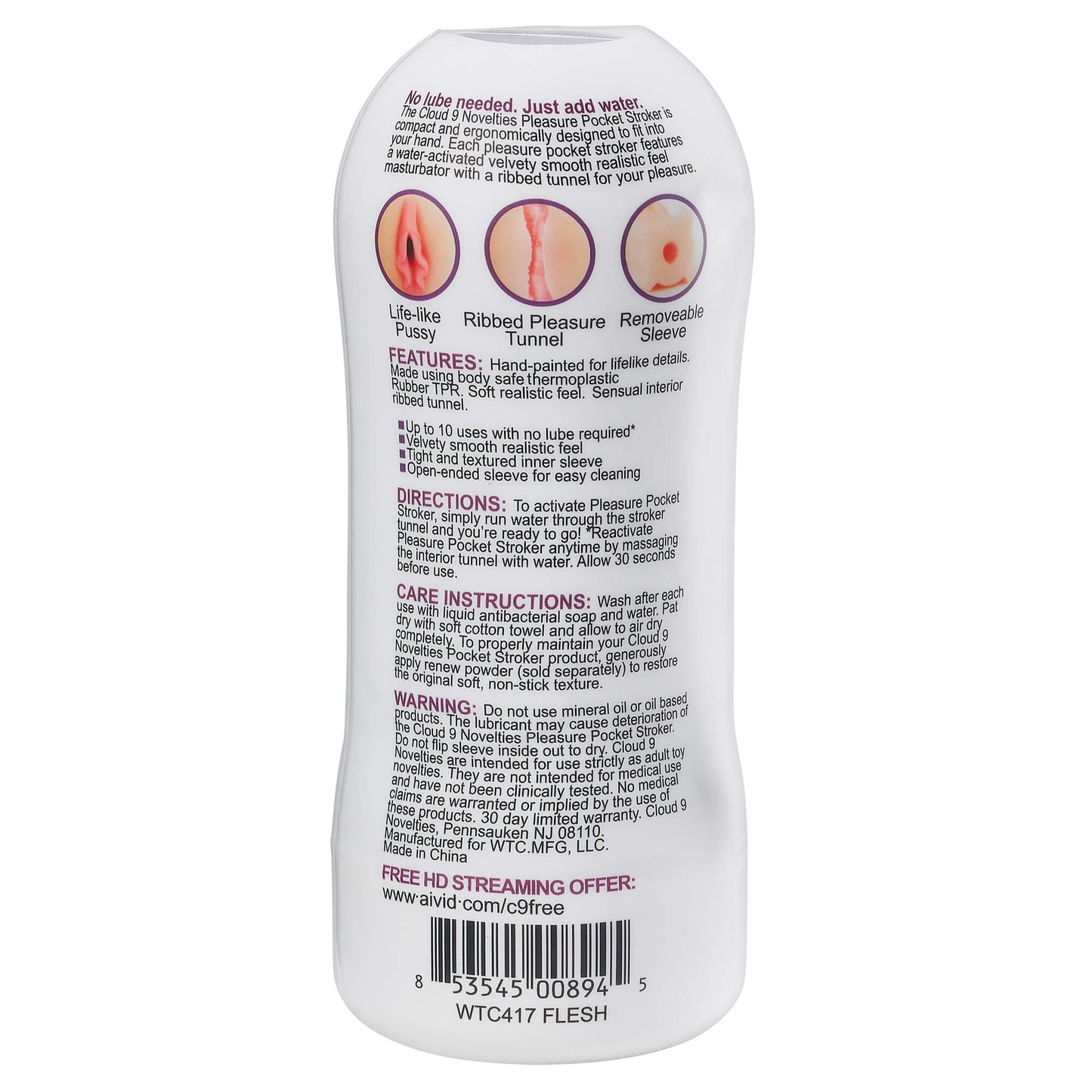 Back-side of the packaging of the Cloud 9 Water-Activated Stroker | Kinkly Shop