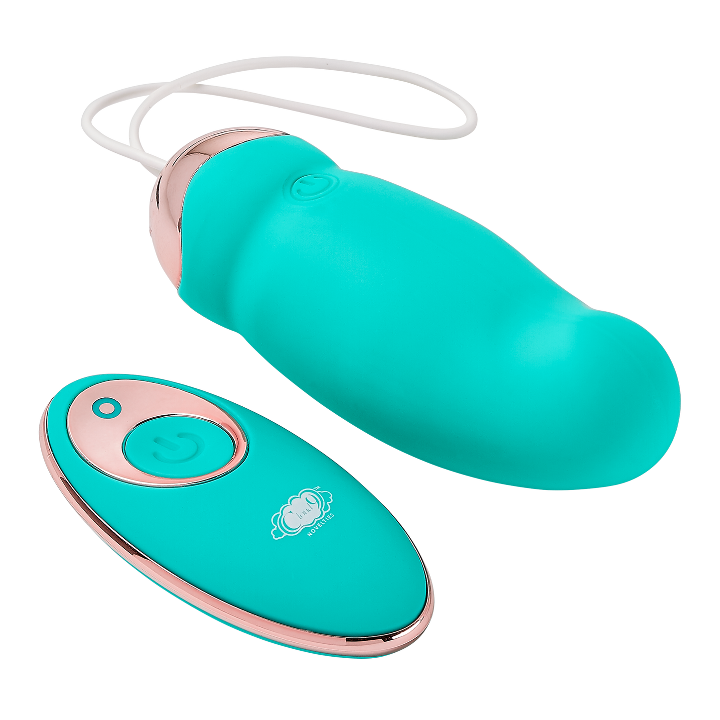 Swirling version of the Cloud 9 Wireless Remote Control Eggs next to its remote control. The twirling tip swirls in circles when the vibrator is inserted. | Kinkly Shop