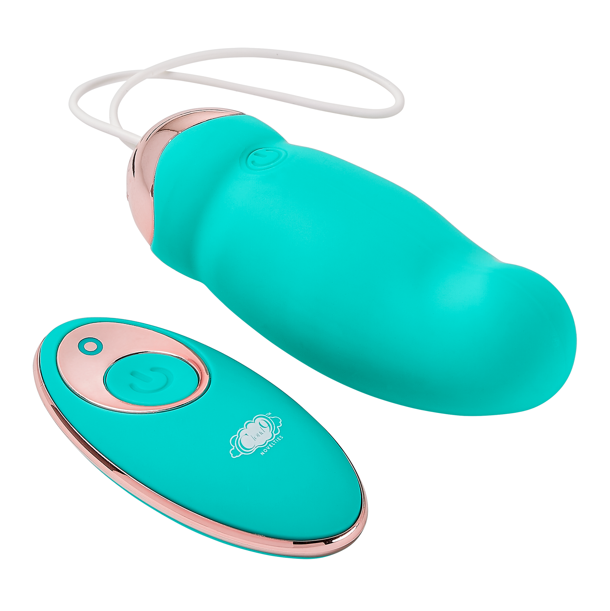 Swirling version of the Cloud 9 Wireless Remote Control Eggs next to its remote control. The twirling tip swirls in circles when the vibrator is inserted. | Kinkly Shop