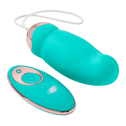 Swirling version of the Cloud 9 Wireless Remote Control Eggs next to its remote control. The twirling tip swirls in circles when the vibrator is inserted. | Kinkly Shop