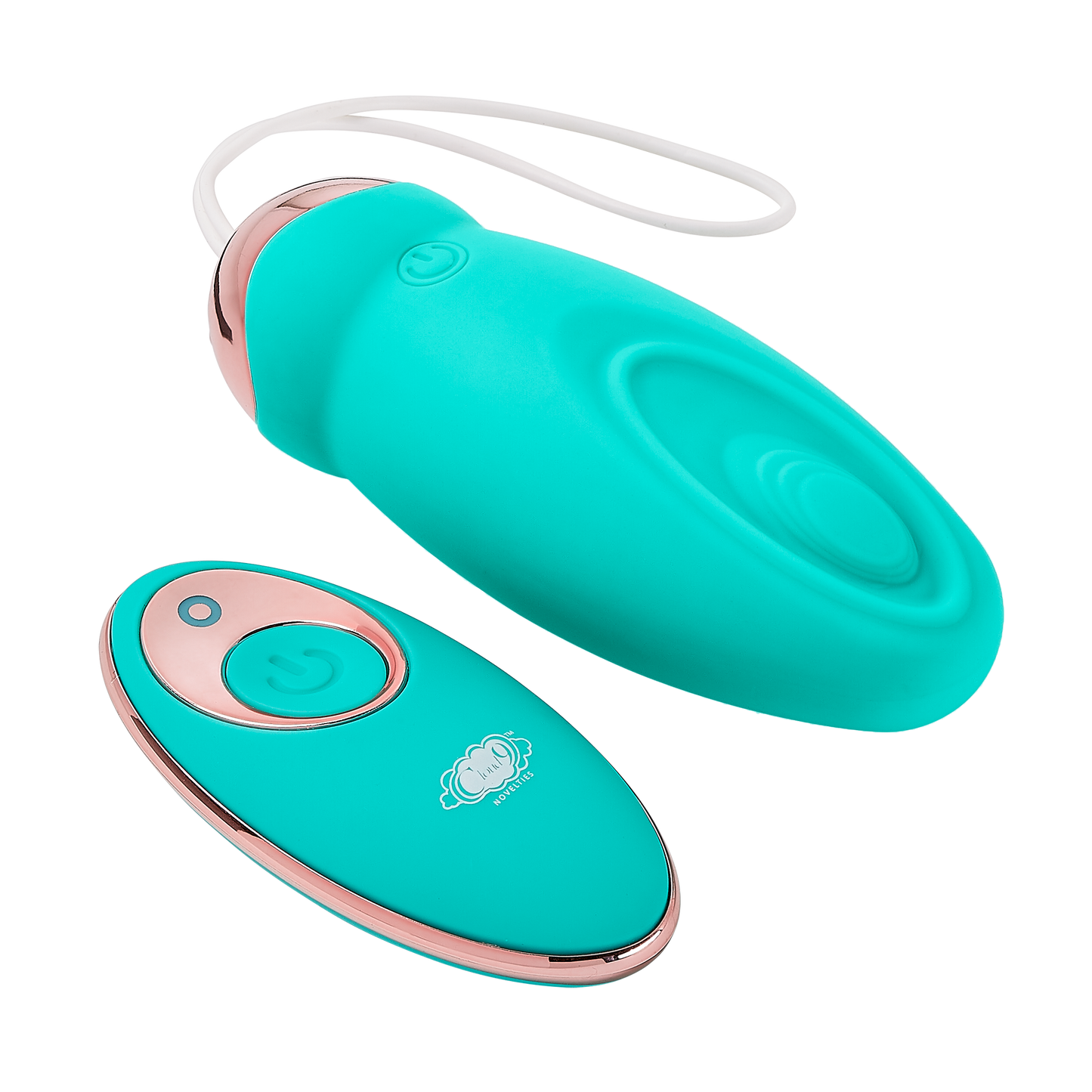Pulsating version of the Cloud 9 Wireless Remote Control Eggs laying next to its remote control. The Pulsating version has a wave-like divet on one side of the toy where a small area "pulses" in and out from the toy when turned on | Kinkly Shop