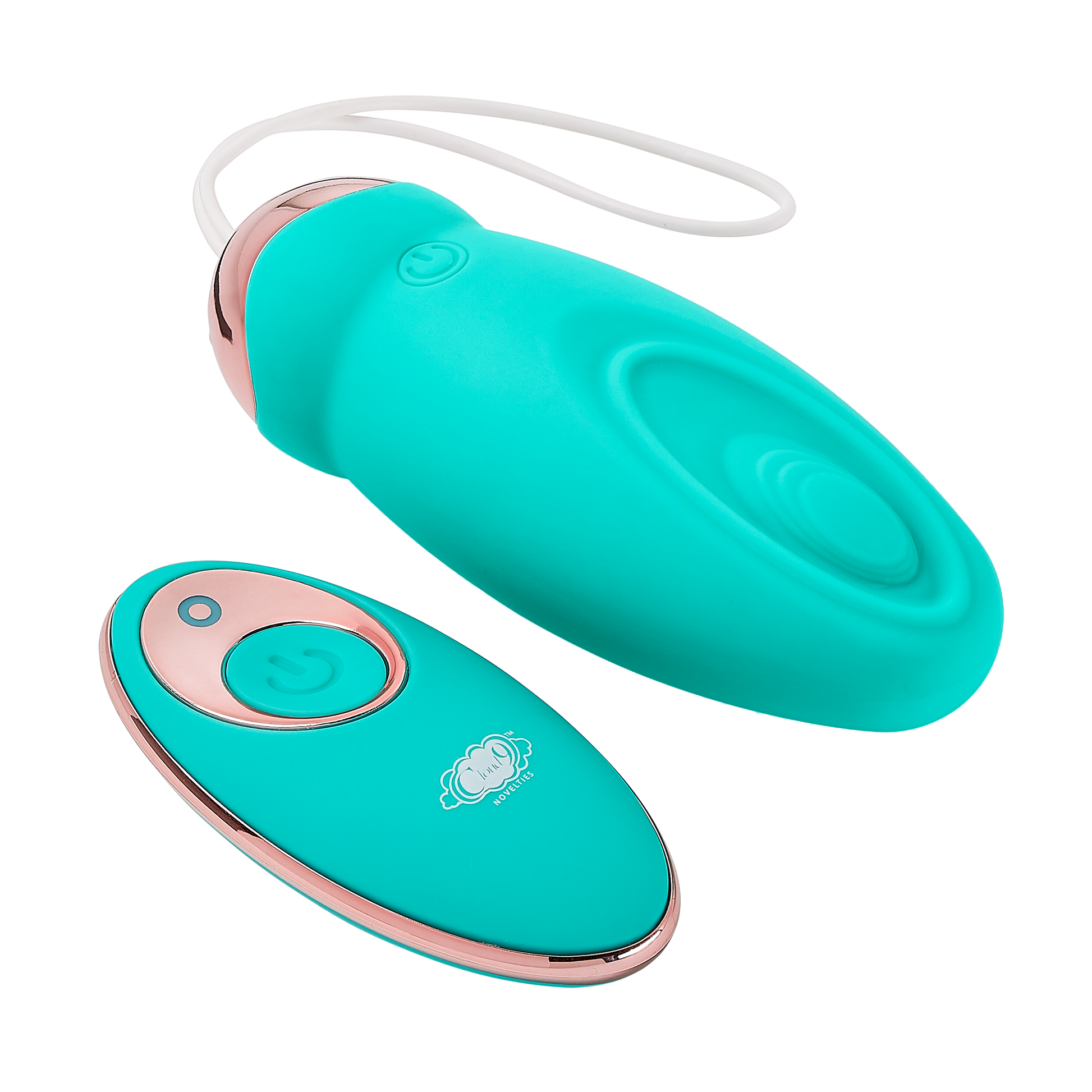 Pulsating version of the Cloud 9 Wireless Remote Control Eggs laying next to its remote control. The Pulsating version has a wave-like divet on one side of the toy where a small area "pulses" in and out from the toy when turned on | Kinkly Shop