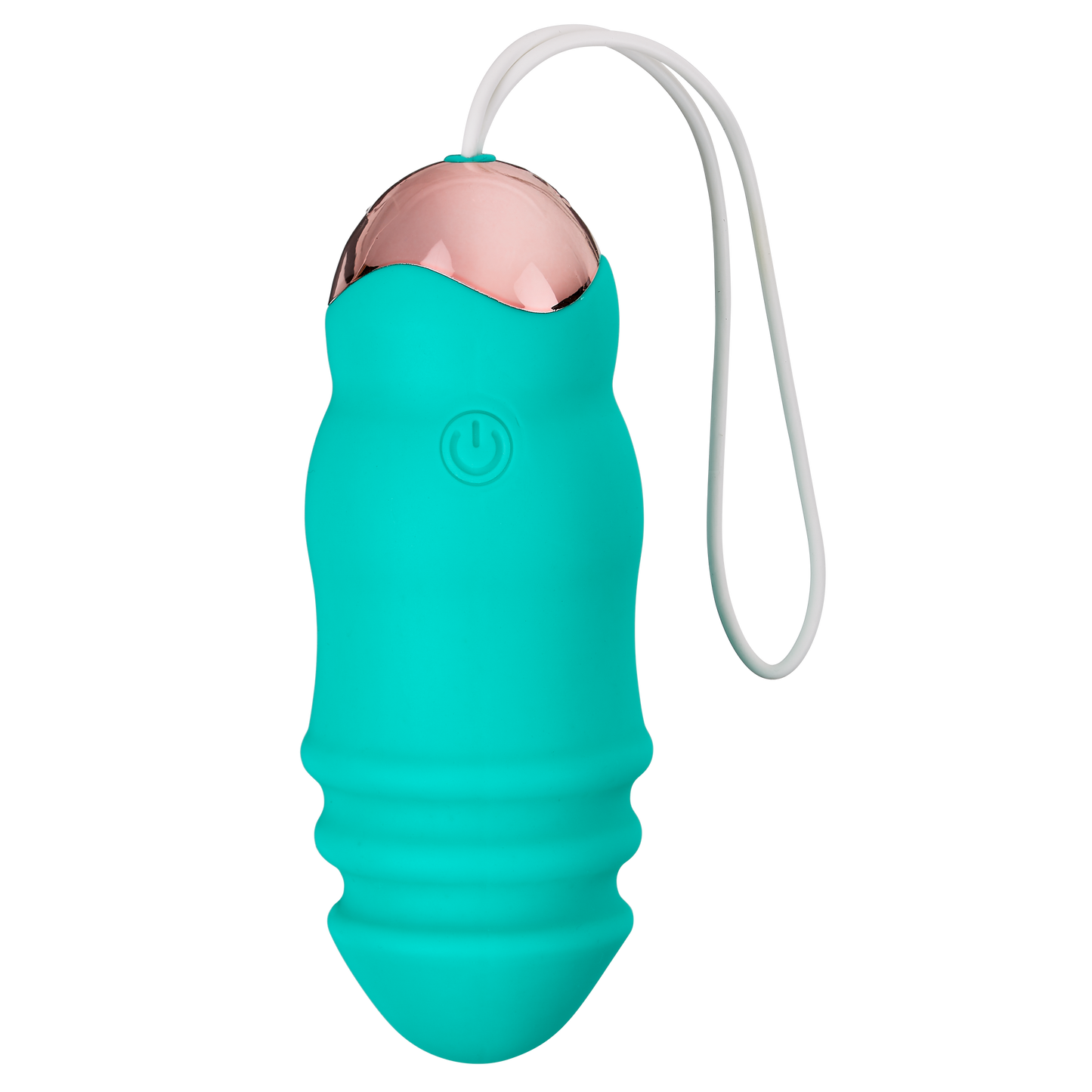 Top down view of the Cloud 9 Wireless Remote Control Eggs Stroking vibrator which shows the ridged tip, the power button at the base, the contrasting metal base, and the retrieval cord | Kinkly Shop