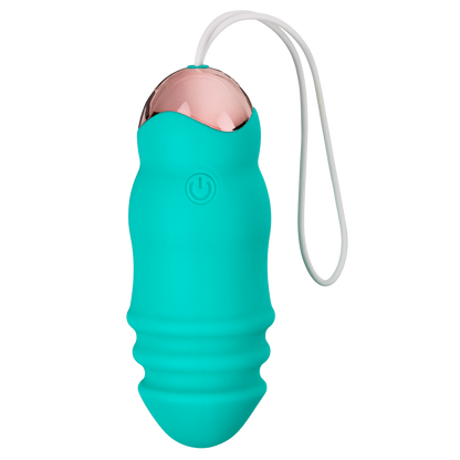 Top down view of the Cloud 9 Wireless Remote Control Eggs Stroking vibrator which shows the ridged tip, the power button at the base, the contrasting metal base, and the retrieval cord | Kinkly Shop