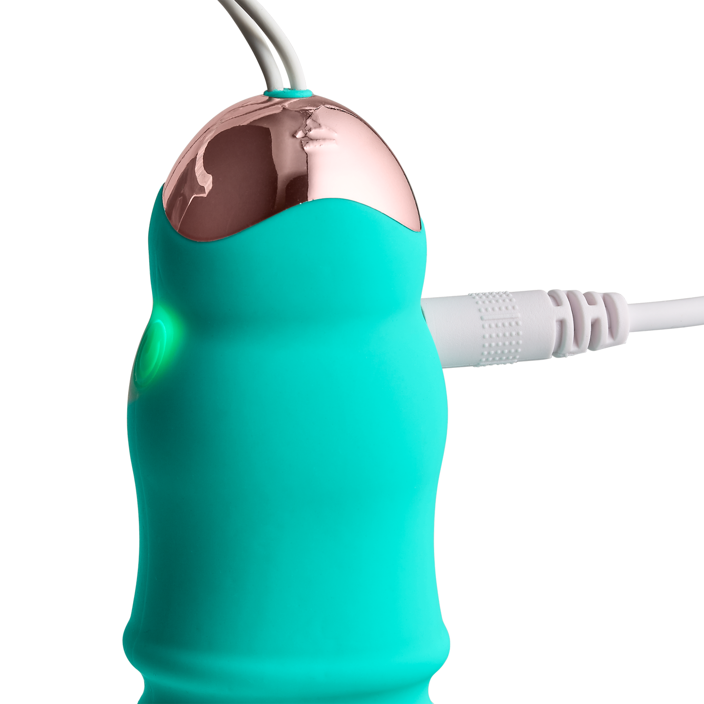 Image displays cord plugged into the Cloud 9 Wireless Remote Control Egg while the vibrator's light is lit-up to show that the vibrator is actively charging | Kinkly Shop