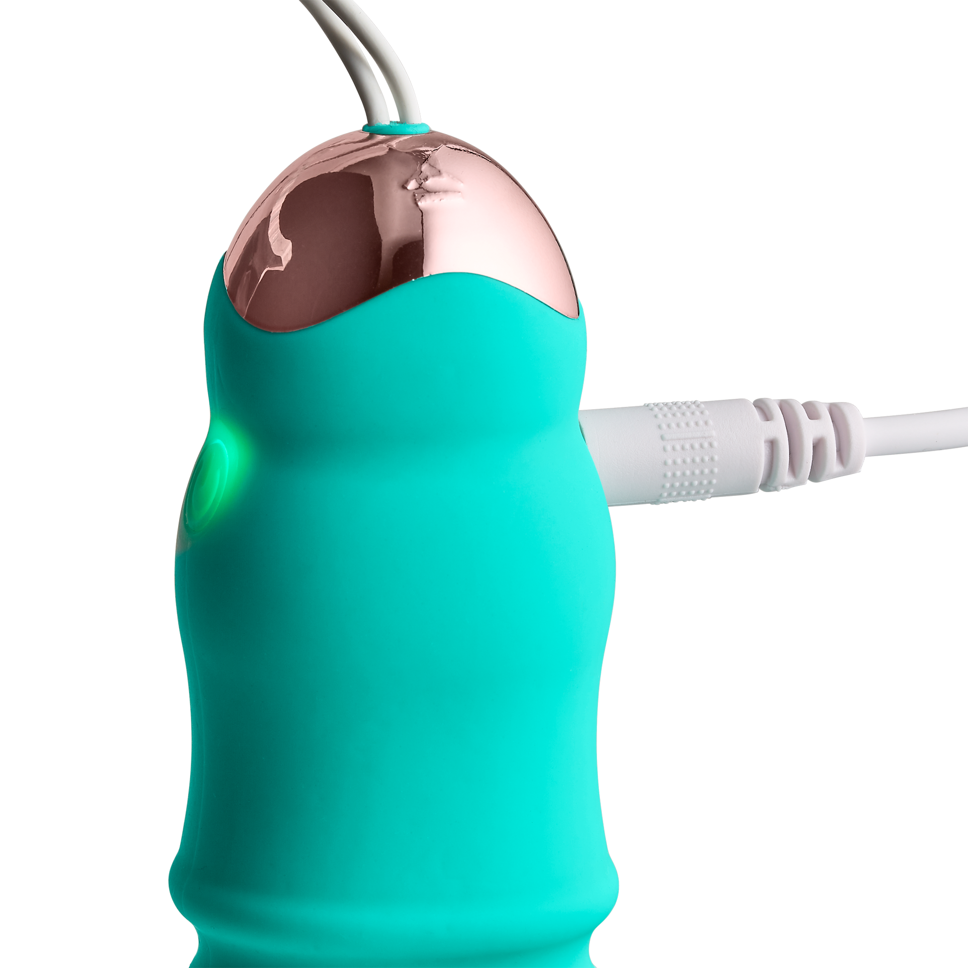 Image displays cord plugged into the Cloud 9 Wireless Remote Control Egg while the vibrator's light is lit-up to show that the vibrator is actively charging | Kinkly Shop