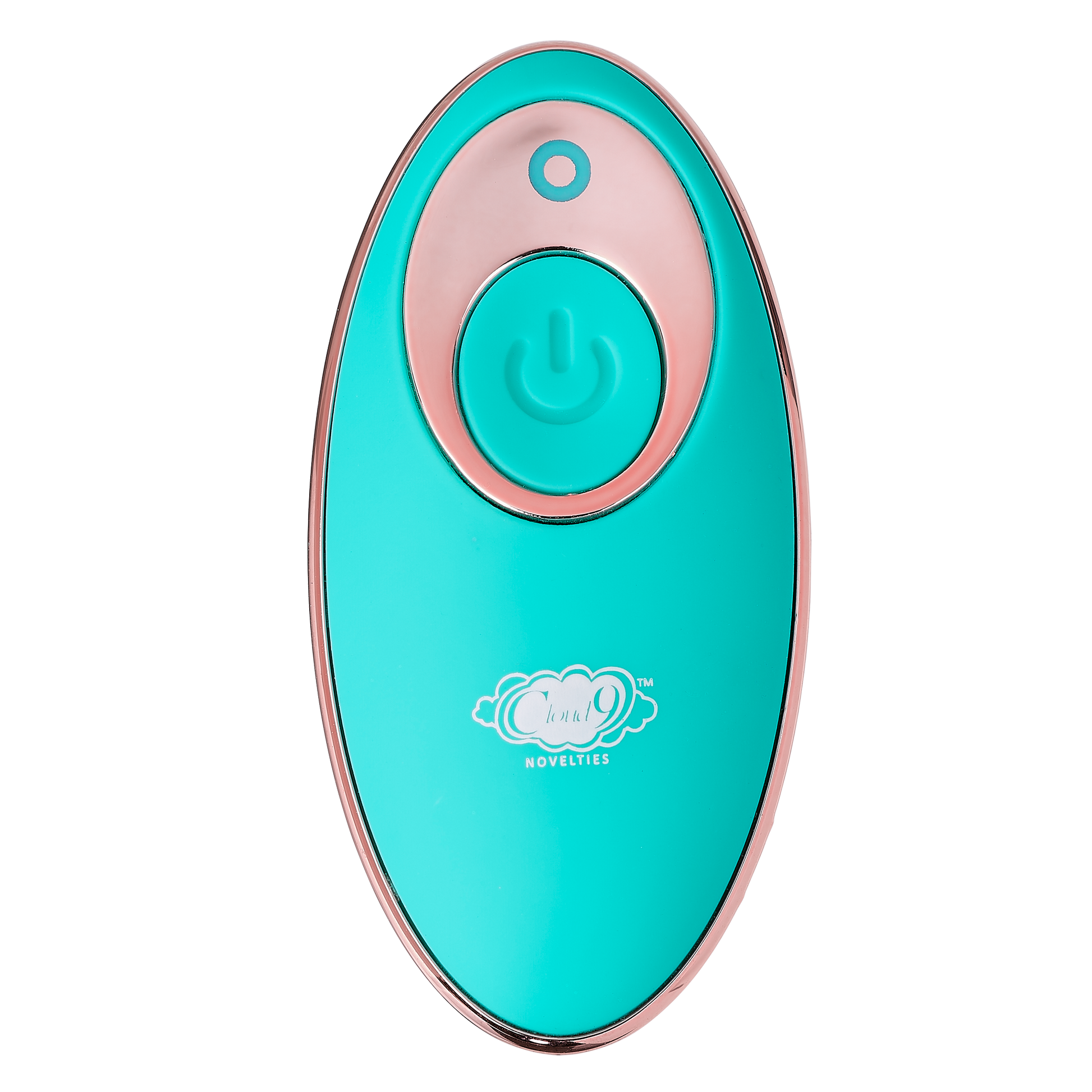 Remote control for the Cloud 9 Wireless Remote Control Eggs. It is oval-shaped, teal, and designed to fit into the palm of the hand. | Kinkly Shop