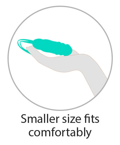 Illustration that shows the Cloud 9 Wireless Remote Control Eggs compared to a hand. It is slightly smaller than the hand's size with a caption that reads "Smaller size fits comfortably" | Kinkly Shop