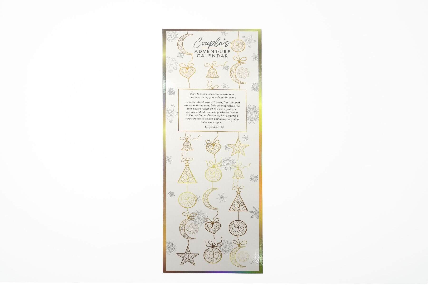 Backside of the Couple's Advent-ure Calendar. It is also holographic. | Kinkly Shop