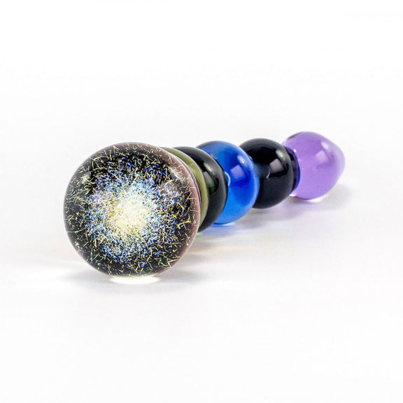 Direct shot of the end of the Crystal Delights Rainbow Bubble glass Pride dildo dichroic design which shows the unique look of this glass molding technique | Kinkly Shop