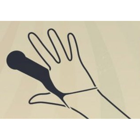 Illustration shows the Demon Kat Finger Bang being worn on a finger. It makes the single finger twice as thick and adds a bulbous head to the tip. The ring at the base is wrapped around the wearer's wrist to anchor the dildo. | Kinkly Shop