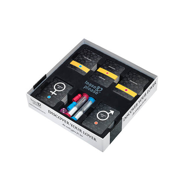 All of the cards and game pieces sitting in the included tray in the Discover Your Lover Couple's Game box. The cards are nicely organized by type with a space for each type of card. | Kinkly Shop