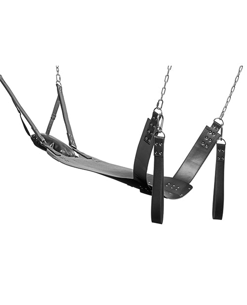 Side view of the XR Brands Extreme Sling that shows the padded headrest, the clip-on feet rests, and the thickness of the supportive fabric. | Kinkly Shop