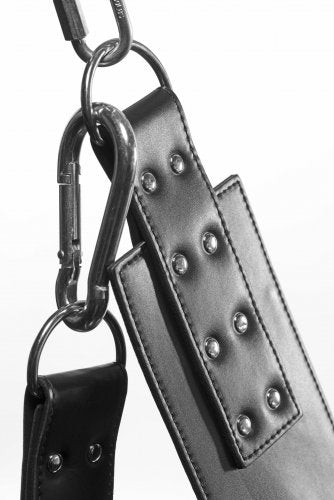 Close-up of the caribiner clip that clips onto the XR Brands Extreme Sling for the optional foot rest. | Kinkly Shop