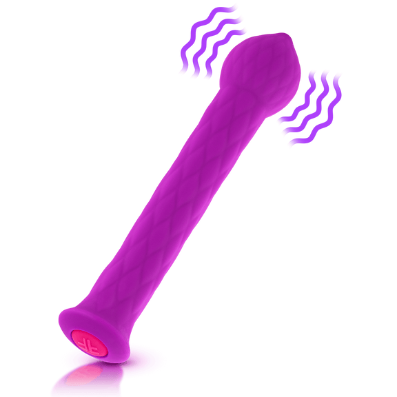 Picture of the FemmeFunn Diamond Wand with illustrations super-imposed on top of it. The illustrations show where the vibrations are located (in the bulbous tip of the vibrator) | Kinkly Shop
