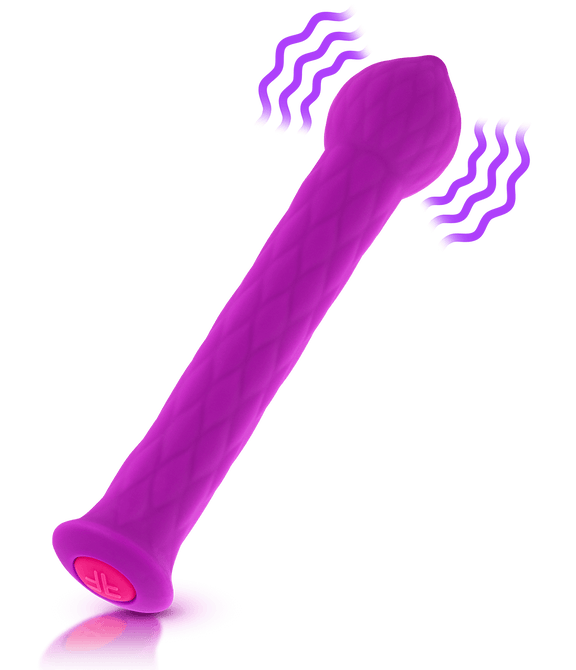 Picture of the FemmeFunn Diamond Wand with illustrations super-imposed on top of it. The illustrations show where the vibrations are located (in the bulbous tip of the vibrator) | Kinkly Shop