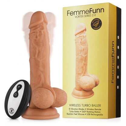 FemmeFunn Vortex Wireless Turbo Baller in Cream sitting next to its packaging and wireless remote control. | Kinkly Shop