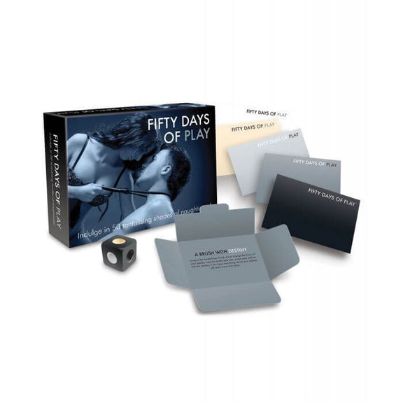 A picture of the game against a white background. This showcases the box, the included die, and the multiple types of cards. One card is open to showcase the "sealed" design of each one of the tasks. | Kinkly Shop