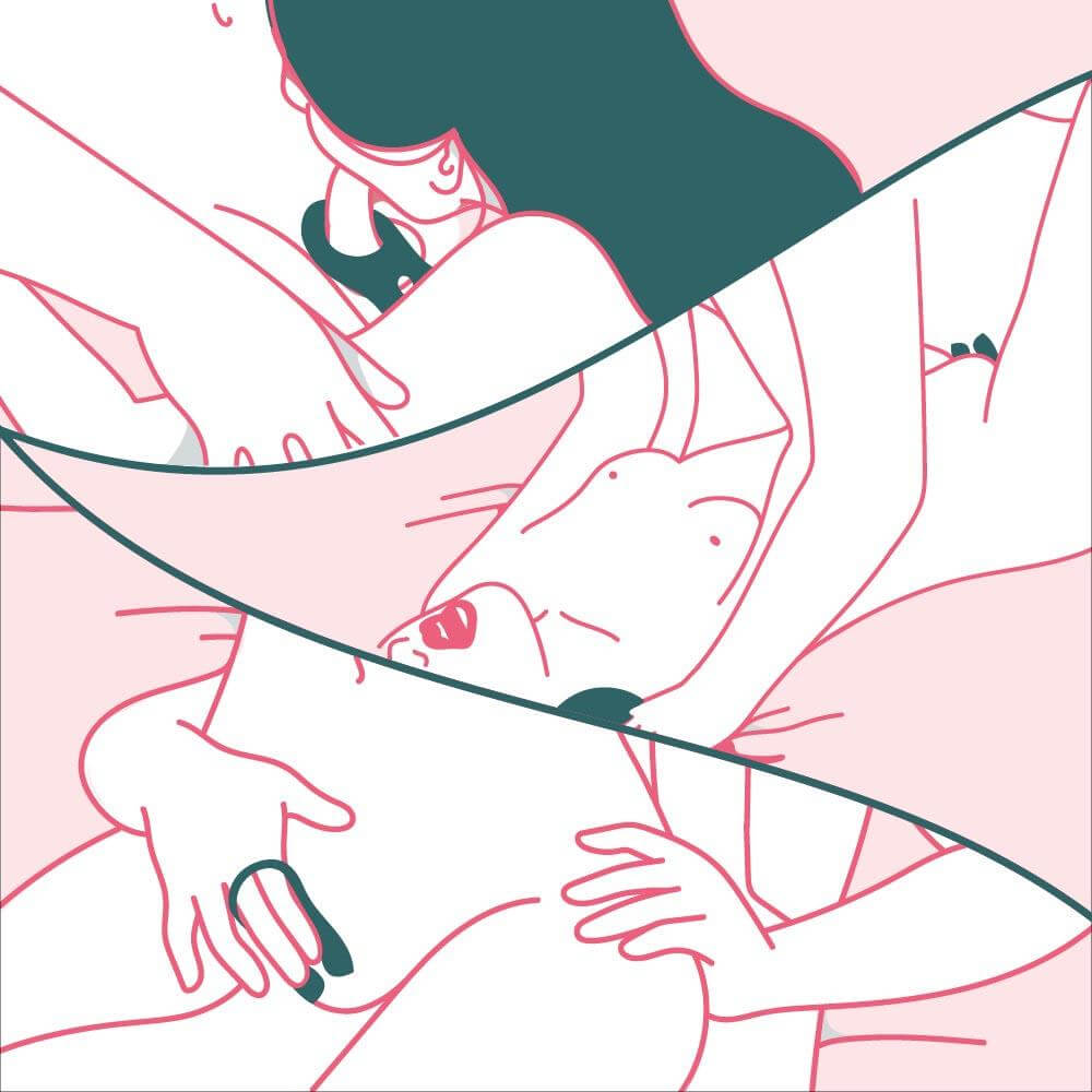 Illustrations that show various ways to use the Fun Factory NŌS cock ring. One illustration shows a penis owner wearing the Fun Factory NŌS while receiving oral sex. The next illustration shows penis-in-vagina intercourse while the penis-owner is wearing the Fun Factory NŌS. The third illustration shows a person's fingers threaded through the ring of the Fun Factory NŌS while pressing the clitoral motors of the ring onto the clitoris. | Kinkly Shop