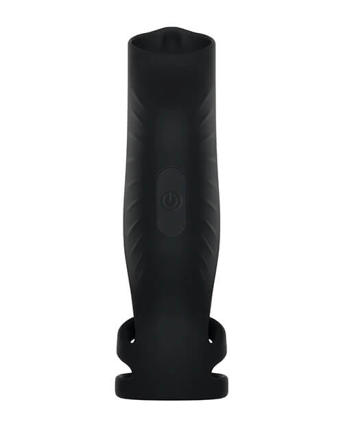 Top-down view of the Gender X Rocketeer showcases the power/control button on the topside of the Rocketeer. It also showcases the light ridging texture along both sides of the shaft when the Gender X Rocketeer is worn. | Kinkly Shop