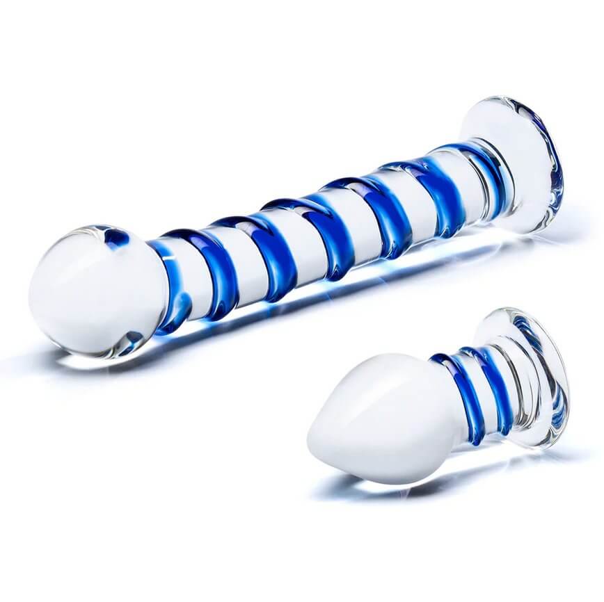 Tip-down view of both of the Glas Double Penetration Kit toys. This makes it very clear that the butt plug has a much-more-tapered tip than the dildo does. It looks almost softly pointed. | Kinkly Shop