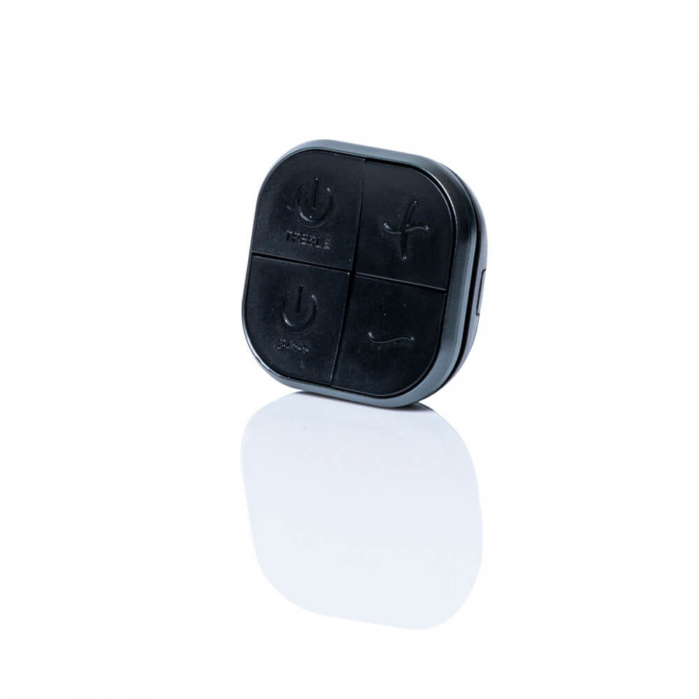 Close up of the remote of the Hot Octopuss PleX with Flex. The remote is square-shaped with rounded edges and a button placed along each corner for four, equal quadrants of the remote. Left to Right, Top to Bottom, the buttons are Treble Power Button, Plus, Bass Power Button, Minus. | Kinkly Shop