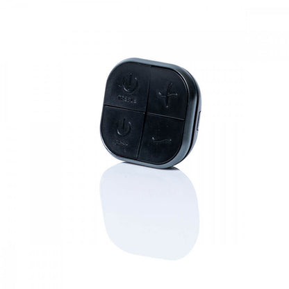 Close up of the remote of the Hot Octopuss PleX with Flex. The remote is square-shaped with rounded edges and a button placed along each corner for four, equal quadrants of the remote. Left to Right, Top to Bottom, the buttons are Treble Power Button, Plus, Bass Power Button, Minus. | Kinkly Shop