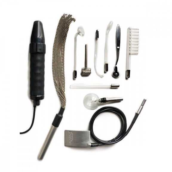 Everything that comes with the KinkLab Agent Noir Electro Erotic Neon Wand Kit. It shows the Kinklab Neon Wand, Electro Whip, Power Trip Attachment, 90 degrees probe, bulb attachment, comb attachment, tongue attachment, mushroom attachment, probe attachment, pinwheel, and drum. They are all laying out cleanly against a white background. | Kinkly Shop