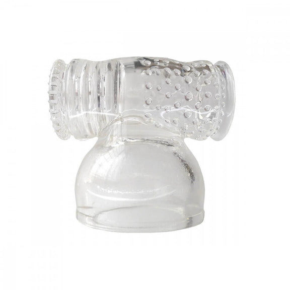 Side view of the Kinklab Hammerhead up against a white background. This view showcases the two different textures that the Kinklab Hammerhead has inside of it. One side has ribbing while the other side has protruding nubs. The material is see-through, and a penis could likely be viewed through the material during use. | Kinkly Shop