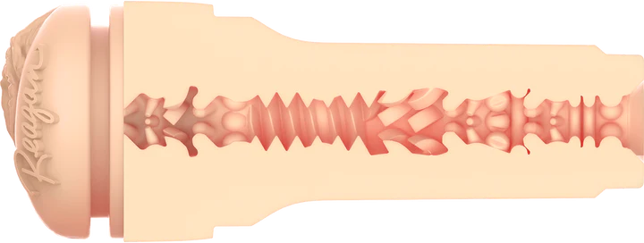 Cross-section of the internal texture of the KIIROO FeelStars FeelReagan Stroker. The texture inside of the stroker includes a spiral tunnel, protruding pyramids, and loops. | Kinkly Shop