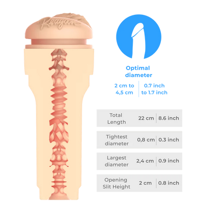 A cross-section of the KIIROO FeelStars FeelReagan Stroker. The measurements of the stroker are also listed on the image. The measurements are also included within the product text description. | Kinkly Shop