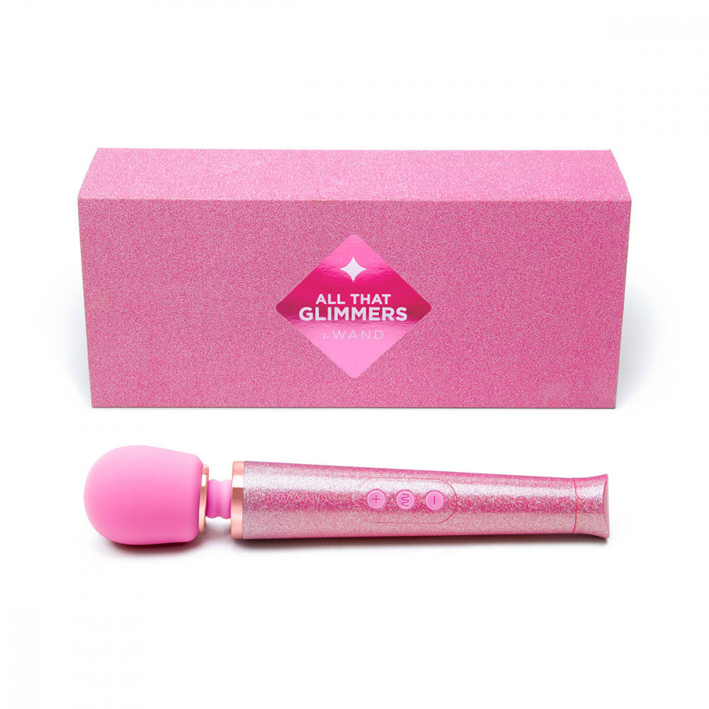Packaging of the Le Wand All That Glimmers Wand Massager sitting out next to the wand massager itself. | Kinkly Shop