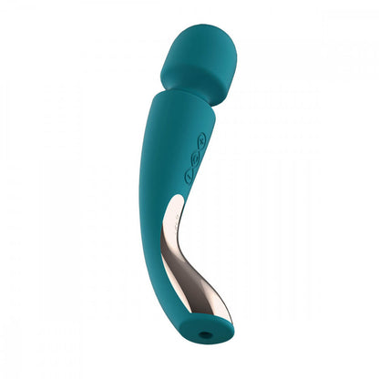 A close-up towards the button of the LELO Smart Wand 2 Medium massager. This angle shows the open hole in the base of the massager that serves as the charging port. It also clearly shows the three control buttons which are lined up vertically along the handle of the massager to control the LELO Smart Wand 2 Medium's functionalities. | Kinkly Shop