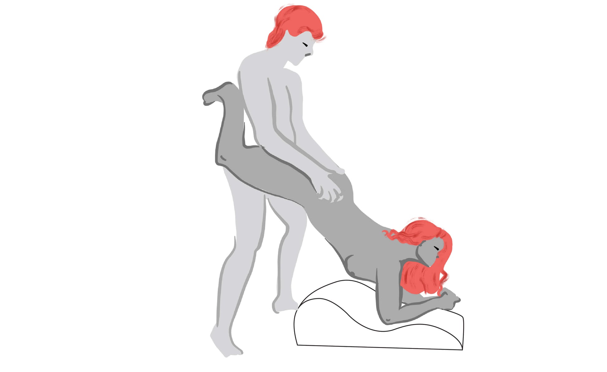 An illustrated image showing a couple using the Liberator Hipster. The penetrating partner is standing. They're holding the receiving partner's hips and legs in the air while the receiving partner is face down with their elbows into the Liberator Hipster to help support their weight. | Kinkly Shop