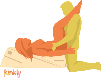 Illustrations shows the Liberator Wedge and Ramp combo in use. The receiving partner is lying near-flat. The Wedge is stacked on top of the lowest corner of the Ramp to make a semi-flat surface for the receiving partner to lay on. This puts the receiving partner's hips at the the perfect height for the penetrating partner to penetrate. | Kinkly Shop