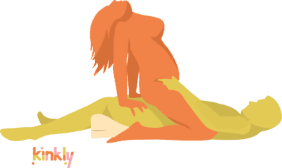 Illustrated image shows the penetrating partner laying flat with a Liberator Wedge beneath their thighs in order to prop up their legs. The receiving partner is on top of their partner in the Cowgirl position while enjoying the enhanced angle that tilting the thighs can provide for intercourse. | Kinkly Shop