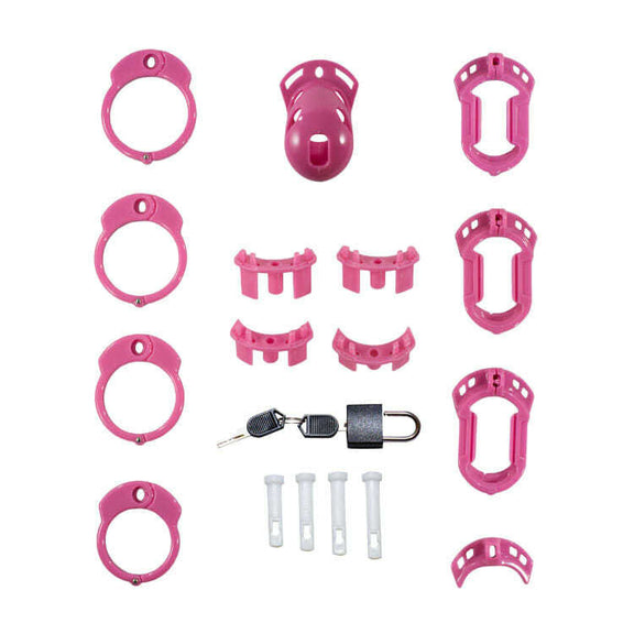 All items available with the purchase of the Locked in Lust Vice Mini V2. The image includes all of the anti pull-out options, the spacers, the lock and key, the tube for the cage, the various rings, and more. | Kinkly Shop